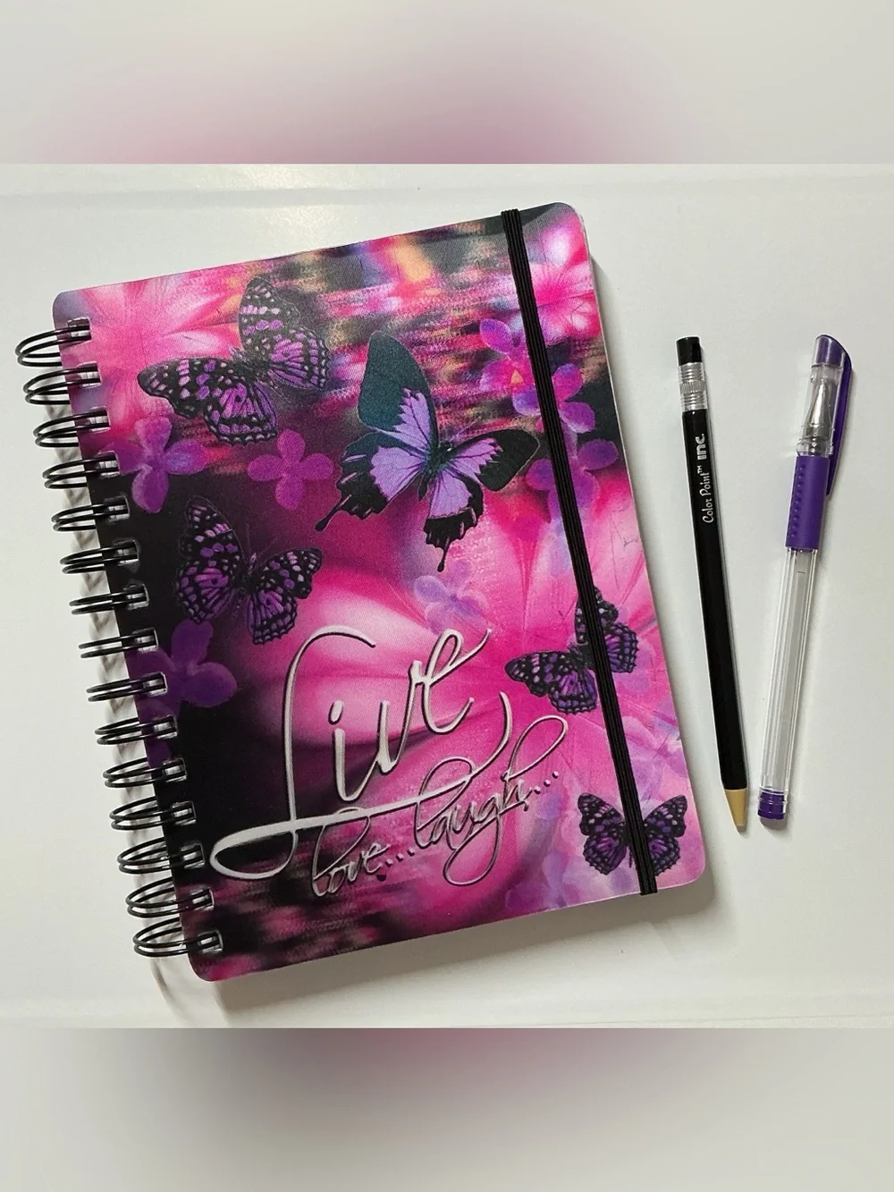 Live Love Laugh Purple Butterfly Spiral Notebook w/Band - Gel Pen & Pencil nwot